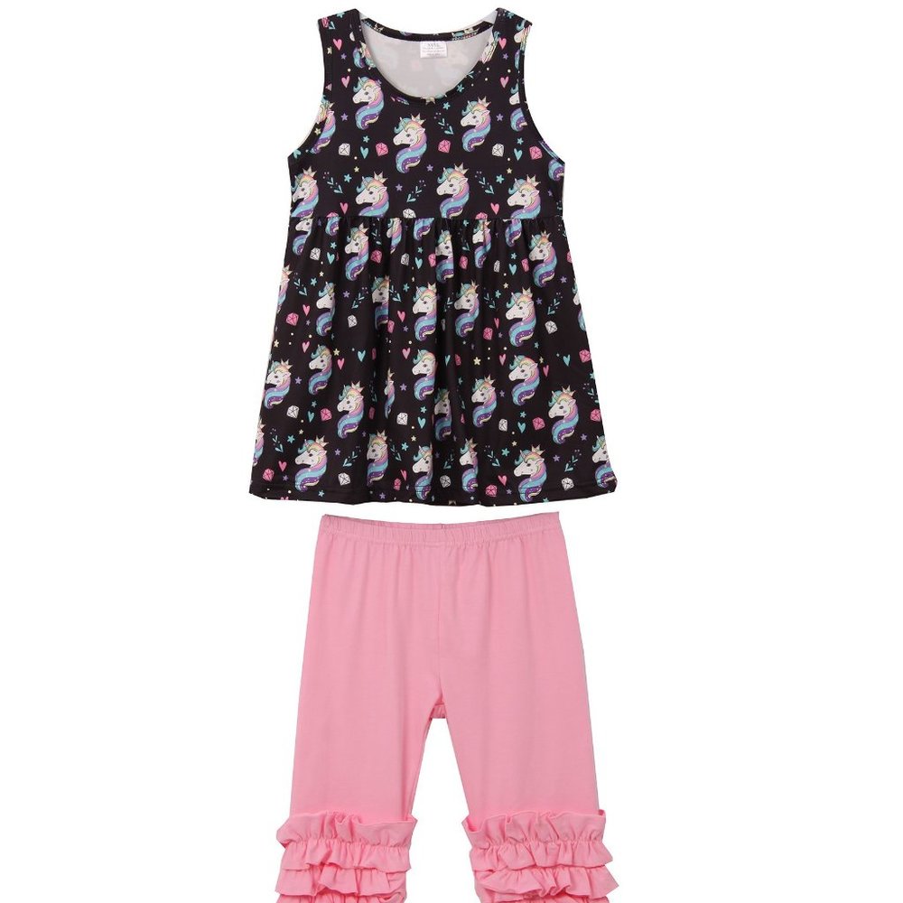 Little Kids Toddler Girls 2 Pieces Tank Top Short Set Unicorn Heart Star Ruffles